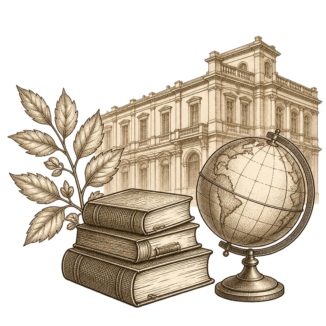 Ilustração de livros antigos, globo terrestre e prédio histórico