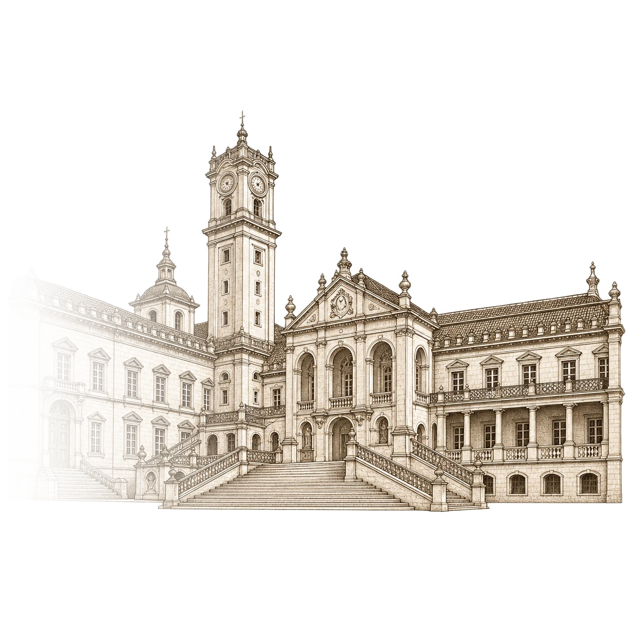 Ilustração de prédio histórico com torre do relógio